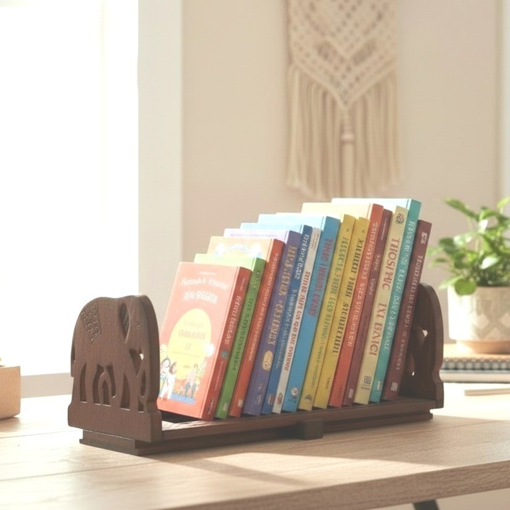 Vintage Hand Carved Wood Elephant Sliding Book Rack Expandable Desktop Organizer